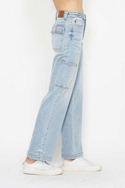 Judy Blue Full Size High Waist Straight Cargo Jeans - LISA MARIE BOUTIQUE - Light - 0 -