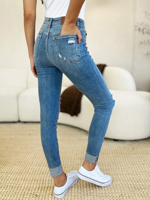 Judy Blue Full Size Mid Rise Destroy & Cuff Skinny Jeans - LISA MARIE BOUTIQUE - Medium - 0/24 -