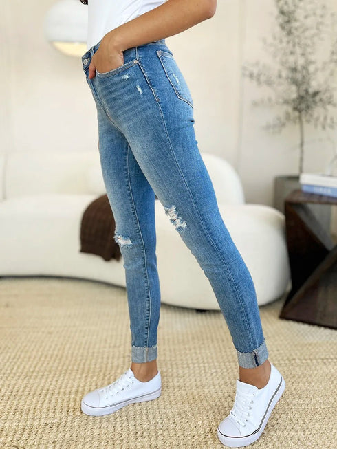 Judy Blue Full Size Mid Rise Destroy & Cuff Skinny Jeans - LISA MARIE BOUTIQUE - Medium - 0/24 -