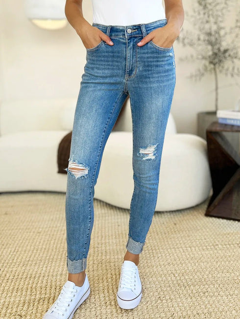 Judy Blue Full Size Mid Rise Destroy & Cuff Skinny Jeans - LISA MARIE BOUTIQUE - Medium - 0/24 -