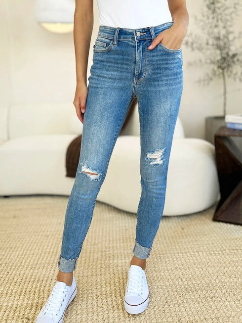 Judy Blue Full Size Mid Rise Destroy & Cuff Skinny Jeans - LISA MARIE BOUTIQUE - Medium - 0/24 -