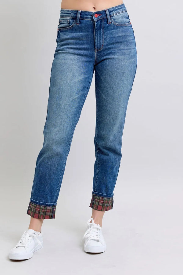 Judy Blue Full Size Plaid Print Cuff Straight Leg Jeans with Pockets - LISA MARIE BOUTIQUE - Medium - 0(24) -