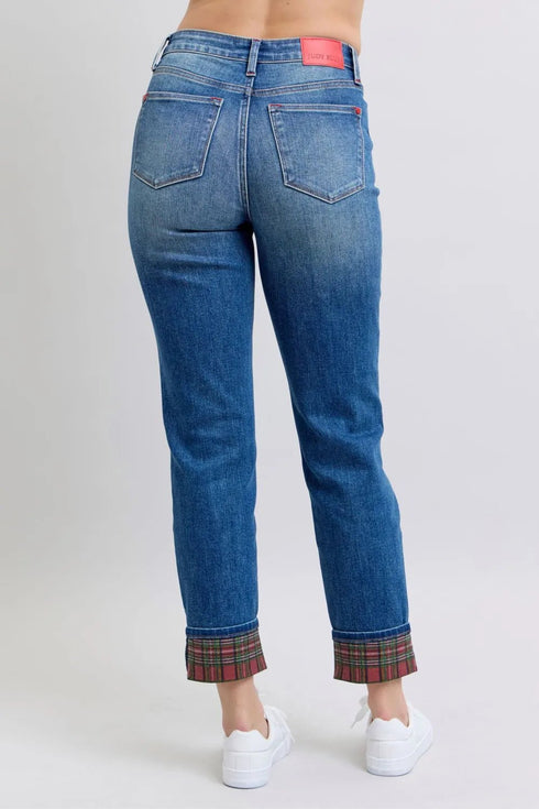 Judy Blue Full Size Plaid Print Cuff Straight Leg Jeans with Pockets - LISA MARIE BOUTIQUE - Medium - 0(24) -