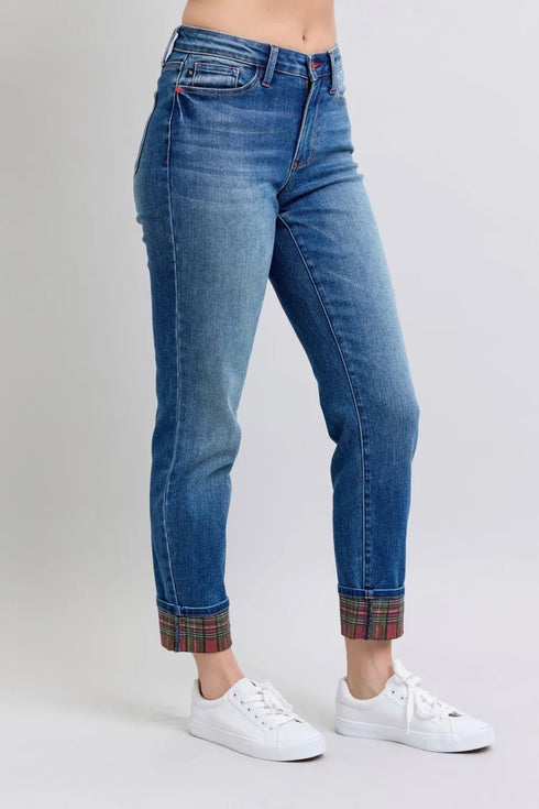 Judy Blue Full Size Plaid Print Cuff Straight Leg Jeans with Pockets - LISA MARIE BOUTIQUE - Medium - 0(24) -