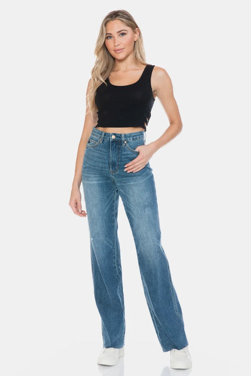 Judy Blue Full Size Tummy Control Cut Raw Hem Straight Jeans - LISA MARIE BOUTIQUE - Medium - 0/24 -