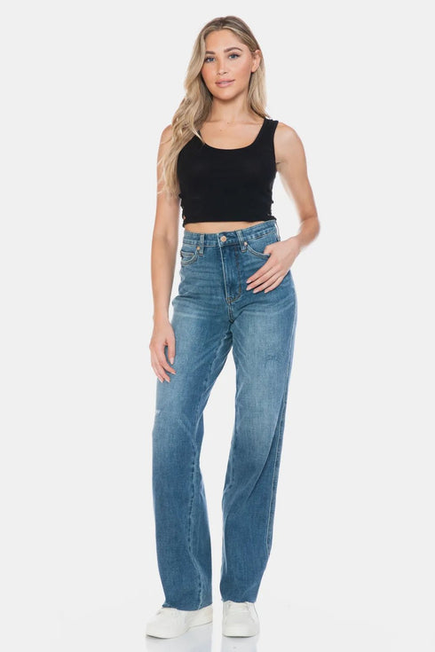 Judy Blue Full Size Tummy Control Cut Raw Hem Straight Jeans - LISA MARIE BOUTIQUE - Medium - 0/24 -