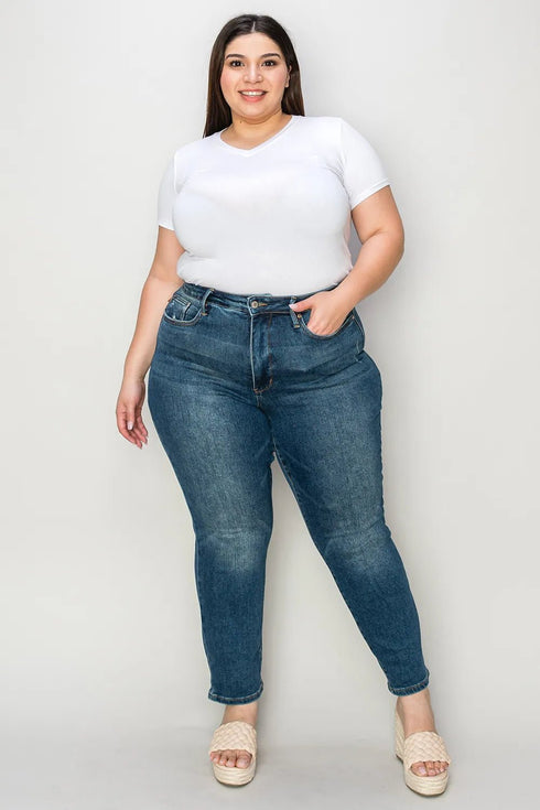 Judy Blue Full Size Tummy Control High Waist Slim Jeans - LISA MARIE BOUTIQUE - Dark - 0 -