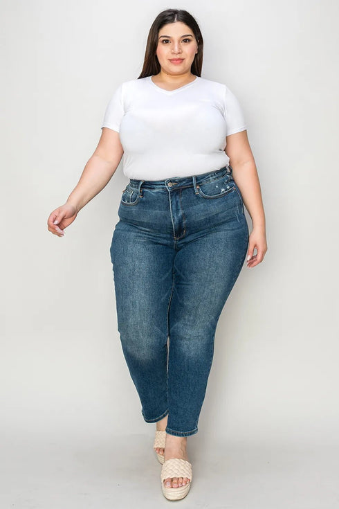 Judy Blue Full Size Tummy Control High Waist Slim Jeans - LISA MARIE BOUTIQUE - Dark - 0 -