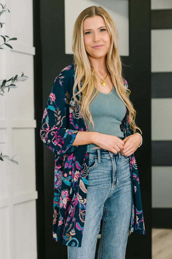 Lizzy Cardigan in Hunter Green Floral Paisley - LISA MARIE BOUTIQUE - Womens - Small -