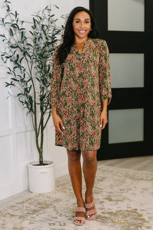 Lizzy Long Sleeve Dress in Olive Paisley - LISA MARIE BOUTIQUE - Womens - Small -