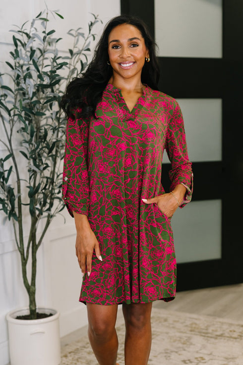 Lizzy Long Sleeve Dress in Pink and Olive Abstract Floral - LISA MARIE BOUTIQUE - Womens - Small -