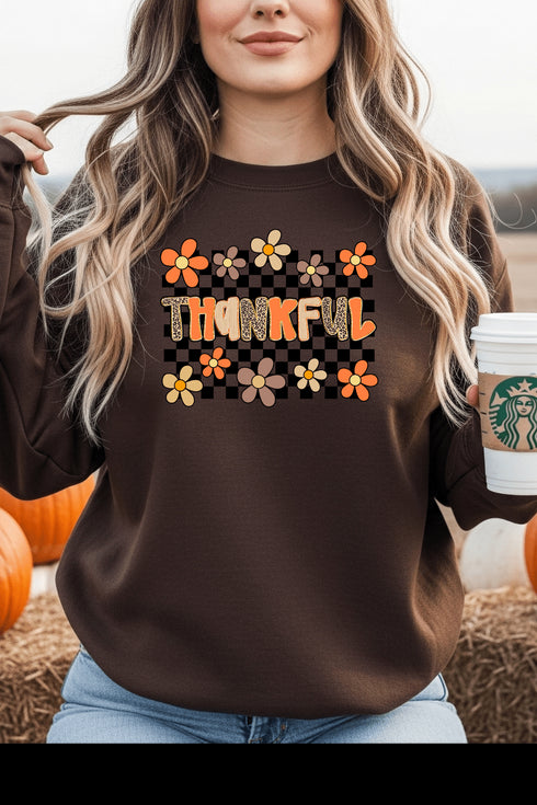 Love Checkered Thankful Sweatshirt - LISA MARIE BOUTIQUE - Graphic Tee - S - Dark Chocolate Gildan Sweatshirt -