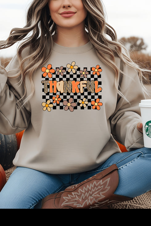 Love Checkered Thankful Sweatshirt - LISA MARIE BOUTIQUE - Graphic Tee - S - Sand Gildan Sweatshirt -