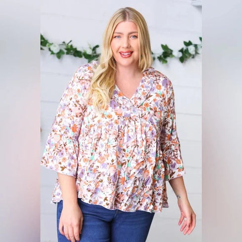Lavender Watercolor Floral Ruffle Top