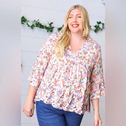 Lavender Watercolor Floral Ruffle Top
