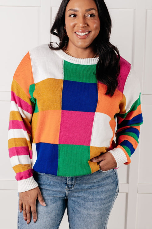Manifesting Moment Checkered Color Block Sweater - LISA MARIE BOUTIQUE - Tops - Small -