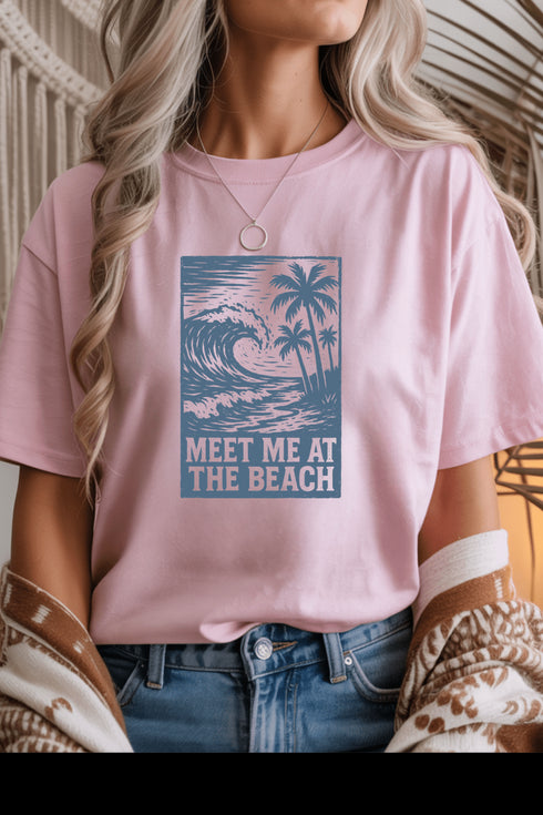 Meet Me At The Beach T-Shirt - LISA MARIE BOUTIQUE - Graphic Tee - S - Light Pink Gildan Tee -