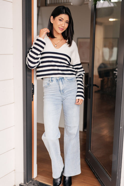 Memorable Moments Striped Sweater in White - LISA MARIE BOUTIQUE - Tops - Small -