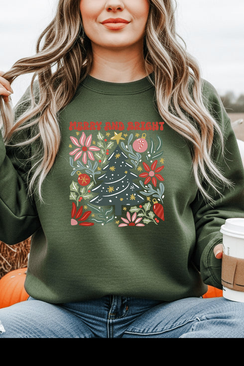 Merry & Bright Sweatshirt - LISA MARIE BOUTIQUE - Graphic Tee - S - Military Green Gildan Sweatshirt -