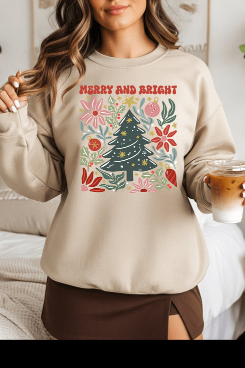 Merry & Bright Sweatshirt - LISA MARIE BOUTIQUE - Graphic Tee - S - Sand Gildan Sweatshirt -