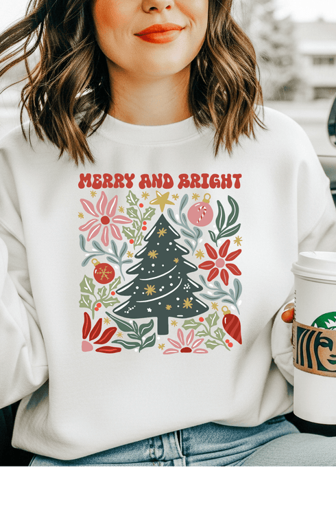 Merry & Bright Sweatshirt - LISA MARIE BOUTIQUE - Graphic Tee - S - White Gildan Sweatshirt -