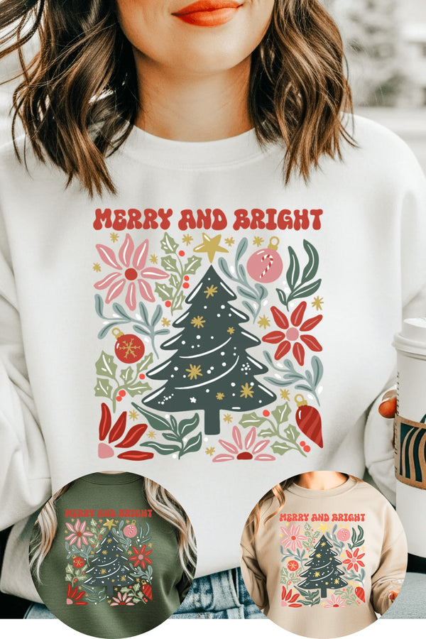 Merry & Bright Sweatshirt - LISA MARIE BOUTIQUE - Graphic Tee - S - White Gildan Sweatshirt -