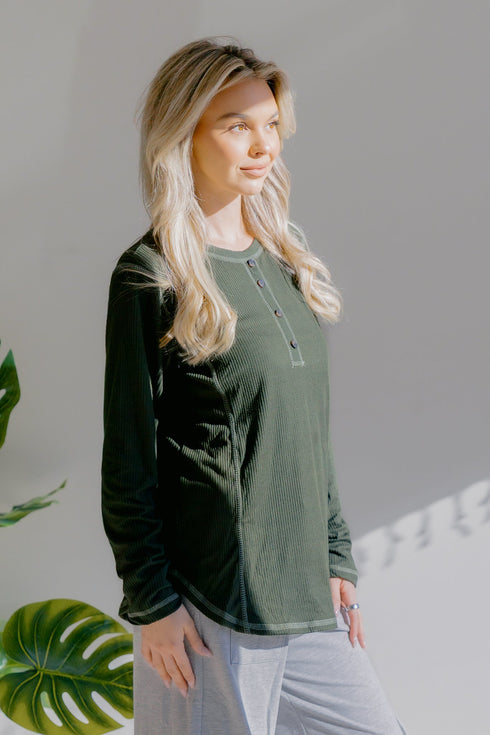 Olive Whisper Henley - LISA MARIE BOUTIQUE - S -