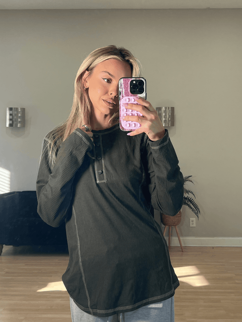 Olive Whisper Henley - LISA MARIE BOUTIQUE - S -