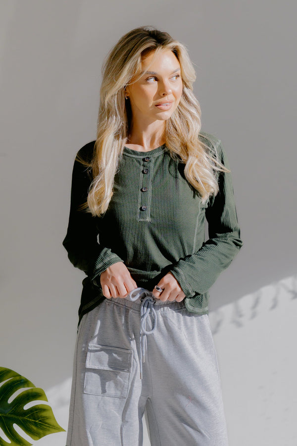 Olive Whisper Henley - LISA MARIE BOUTIQUE - S -