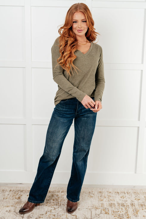 On a Roll Ribbed Knit V Neck Long Sleeve Top - LISA MARIE BOUTIQUE - Tops - Small -