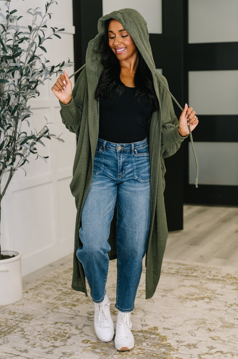 Pamper Travel Hooded Cardigan in Olive - LISA MARIE BOUTIQUE - Womens - Small -