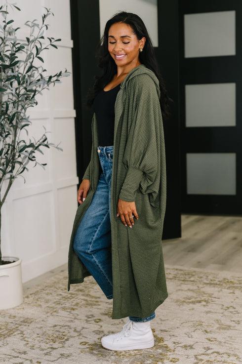 Pamper Travel Hooded Cardigan in Olive - LISA MARIE BOUTIQUE - Womens - Small -