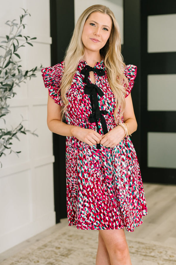 Pattern Pending Bow Detail Dress in Fuchsia and Black - LISA MARIE BOUTIQUE - Womens - Small -