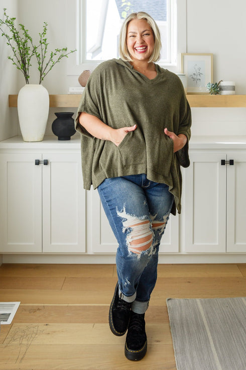 Perfectly Poised Hooded Poncho in Olive - LISA MARIE BOUTIQUE - Layers - Small -