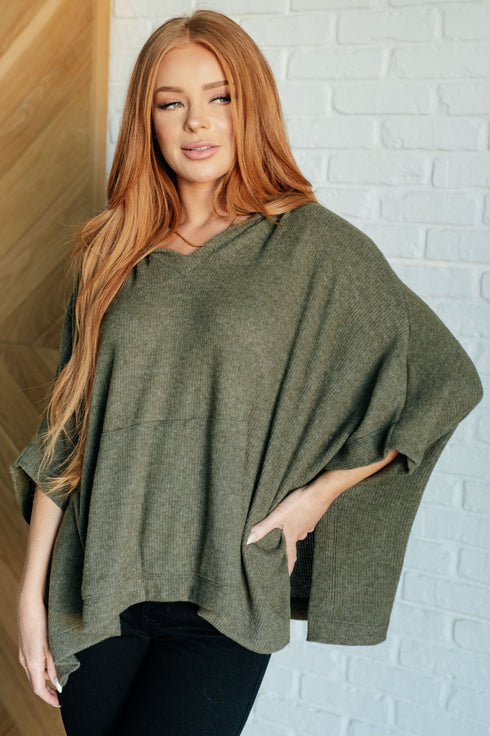 Perfectly Poised Hooded Poncho in Olive - LISA MARIE BOUTIQUE - Layers - Small -