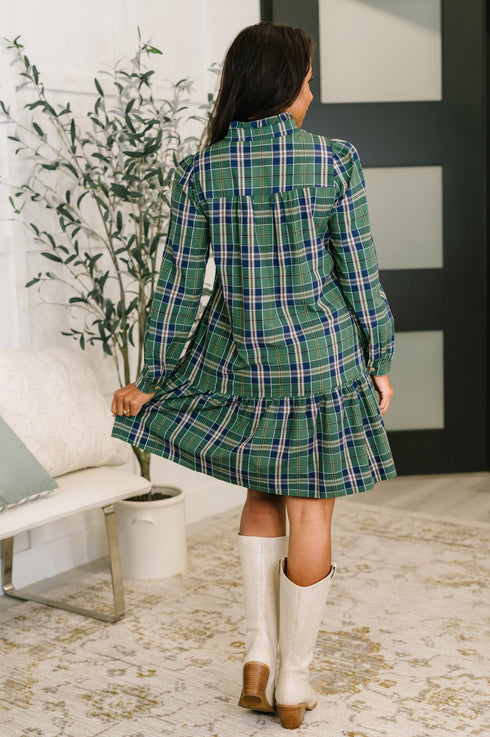 Plaid Perspective Split Neck Long Sleeve Dress - LISA MARIE BOUTIQUE - Womens - Small -