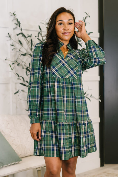 Plaid Perspective Split Neck Long Sleeve Dress - LISA MARIE BOUTIQUE - Womens - Small -