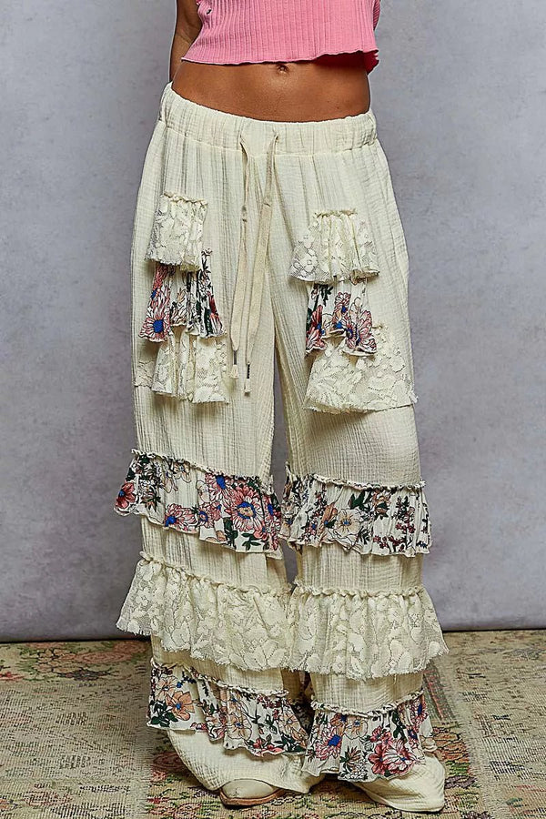 POL Drawstring Double Gauze Wide Leg Pants with Print and Lace Ruffle - LISA MARIE BOUTIQUE - NATURAL - S -
