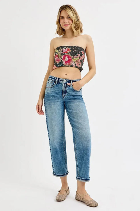 RISEN Full Size High Rise Crop Boyfriend Jeans Plus Size - LISA MARIE BOUTIQUE - MEDIUM - 0 -