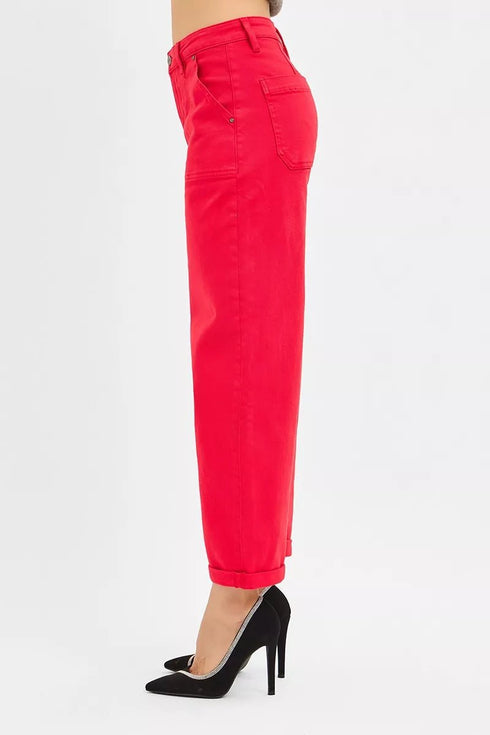 RISEN High Rise Ankle Cuffed Barrel Pants - LISA MARIE BOUTIQUE - SCARLET - 0 -