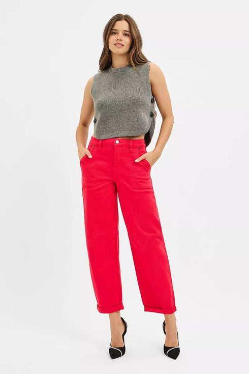 RISEN High Rise Ankle Cuffed Barrel Pants - LISA MARIE BOUTIQUE - SCARLET - 0 -