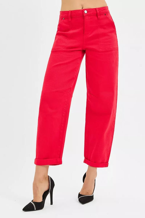 RISEN High Rise Ankle Cuffed Barrel Pants - LISA MARIE BOUTIQUE - SCARLET - 0 -