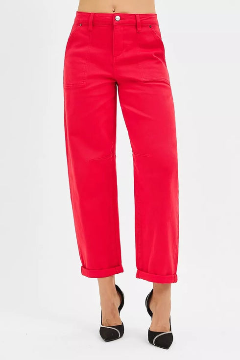 RISEN High Rise Ankle Cuffed Barrel Pants - LISA MARIE BOUTIQUE - SCARLET - 0 -