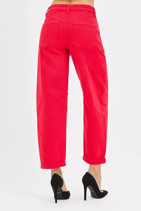 RISEN High Rise Ankle Cuffed Barrel Pants - LISA MARIE BOUTIQUE - SCARLET - 0 -