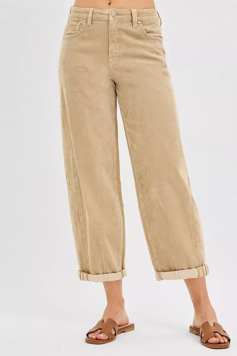 RISEN High Rise Crop Barrel Cordurory Pants - LISA MARIE BOUTIQUE - TAN - 0 -