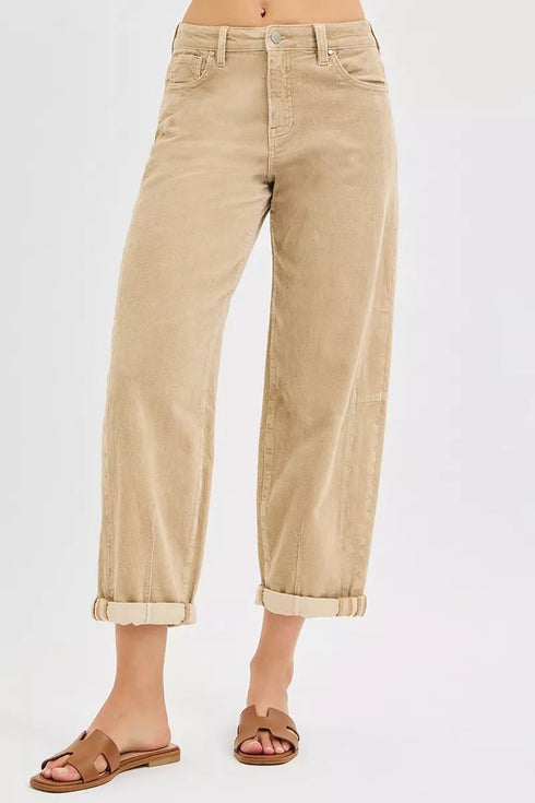 RISEN High Rise Crop Barrel Cordurory Pants - LISA MARIE BOUTIQUE - TAN - 0 -