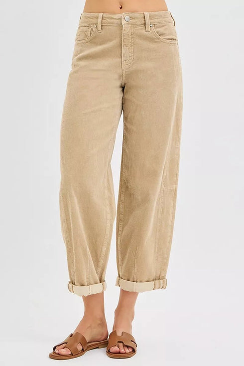 RISEN High Rise Crop Barrel Cordurory Pants - LISA MARIE BOUTIQUE - TAN - 0 -