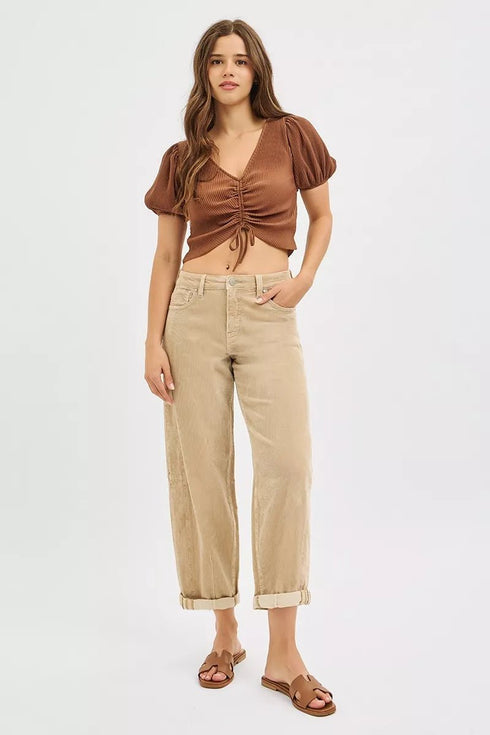 RISEN High Rise Crop Barrel Cordurory Pants - LISA MARIE BOUTIQUE - TAN - 0 -