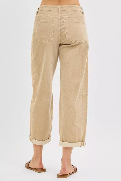 RISEN High Rise Crop Barrel Cordurory Pants - LISA MARIE BOUTIQUE - TAN - 0 -