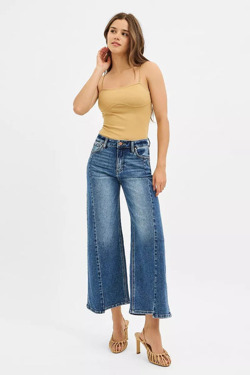 RISEN High Rise Crop Wide Leg Jeans with Step Hem - LISA MARIE BOUTIQUE - DARK - 0 -